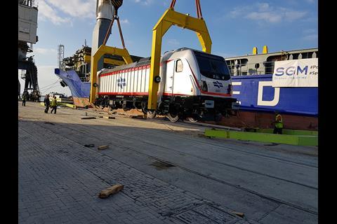 The first of 62 Traxx AC electric locomotives which Bombardier Transportation is building afor Israel Railways arrived at Kishon Port in Haifa on August 28.